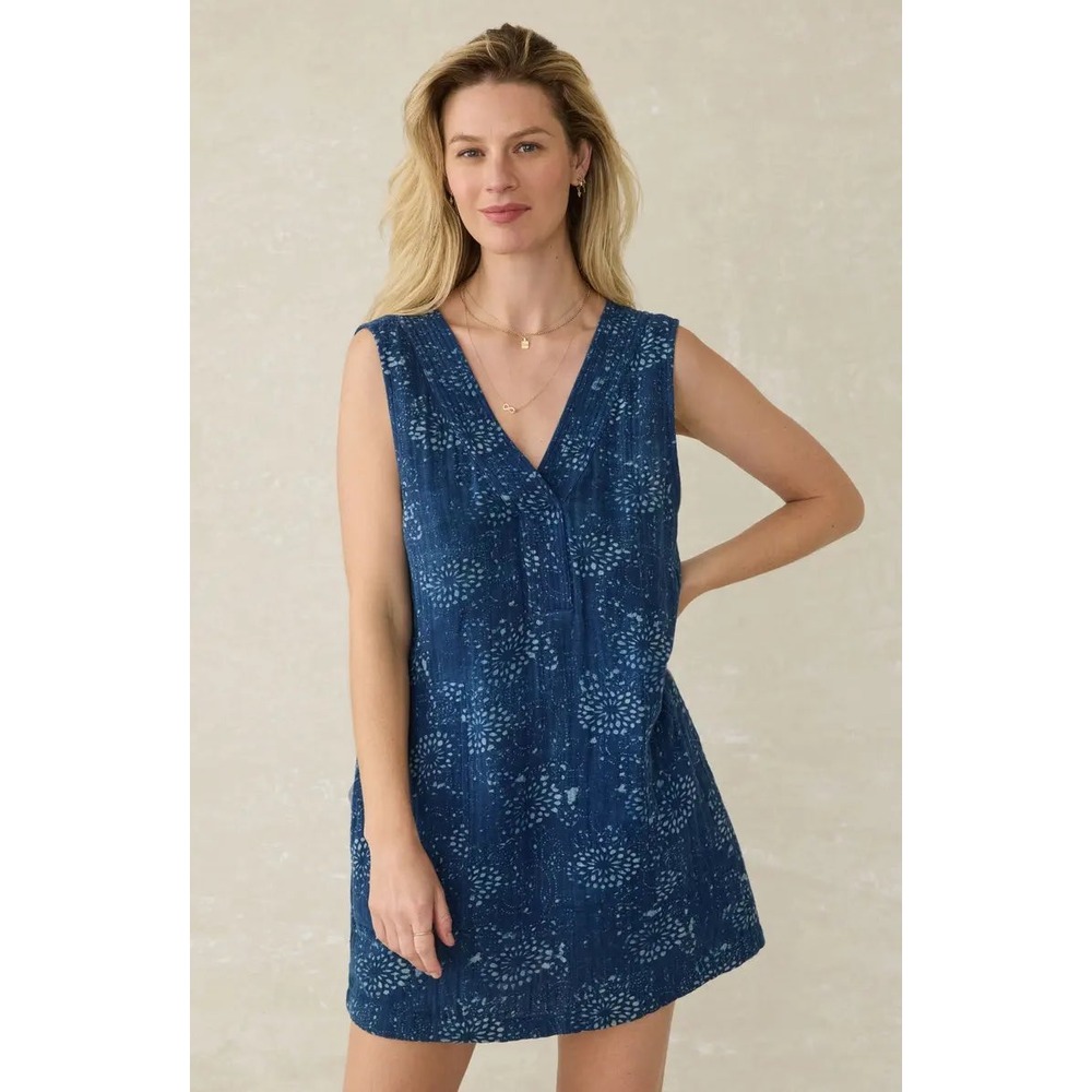 NWT Faherty Azure Dress Women XL Blue Indigo Isle Print Organic Cotton V-Neck